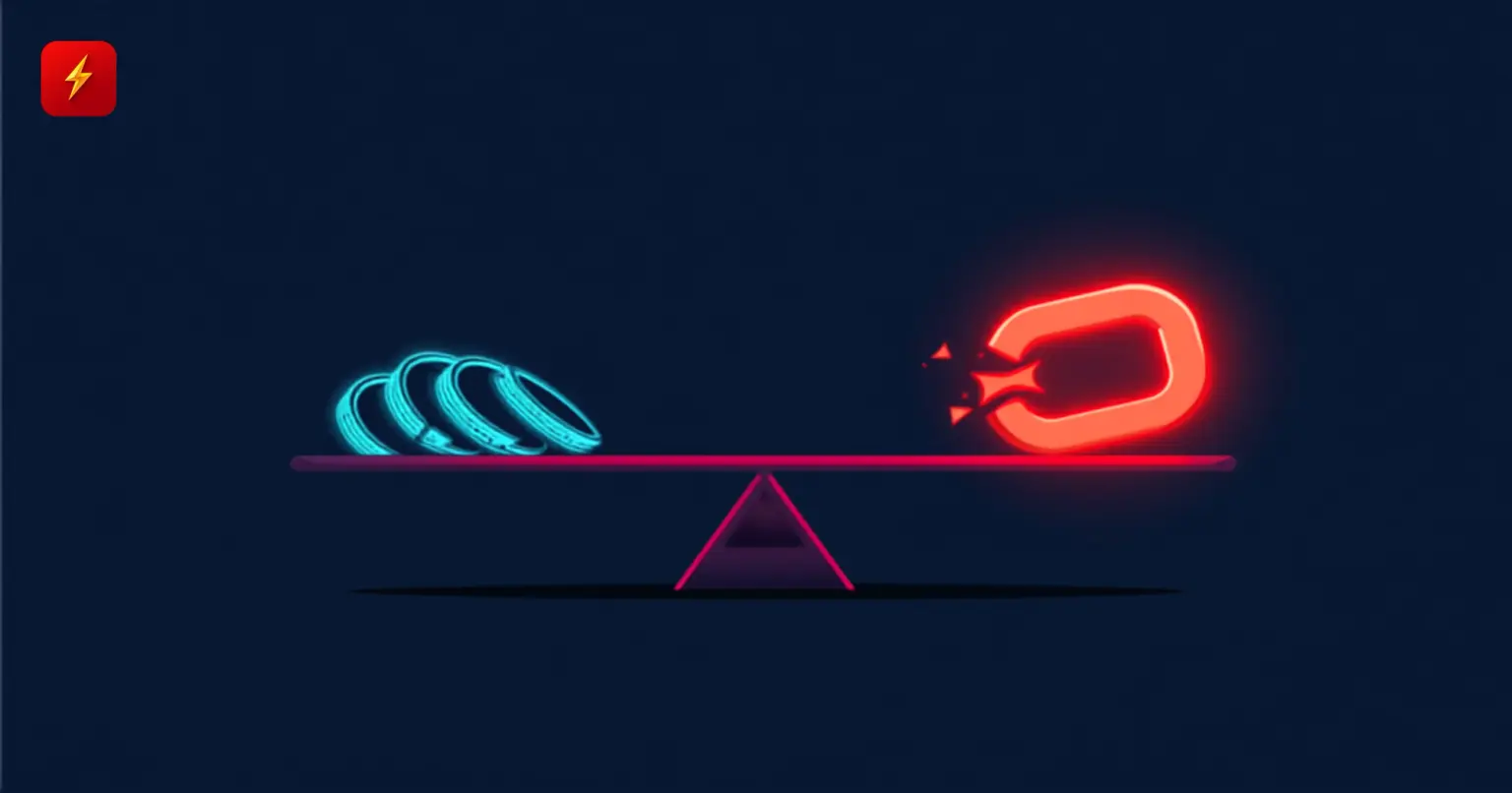 A balance scale tipping toward a shrinking pile of cyan coins on one side and a broken, shattering red chain link on the other, symbolizing a shrinking crypto treasury and a terminated partnership deal