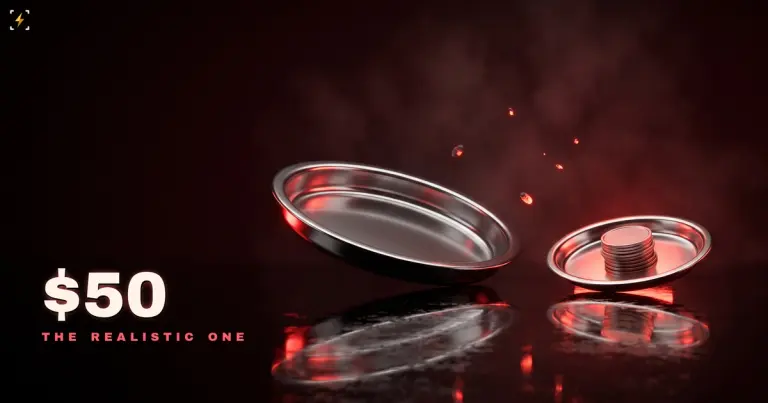 A large empty chrome payout tray beside a much smaller one holding a single stack of blank metal discs, lit in red