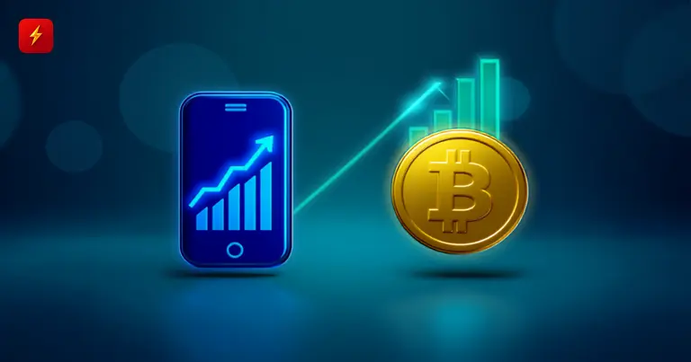 A smartphone with a rising chart next to a gold bitcoin coin, symbolizing Gen Z's growing investment activity