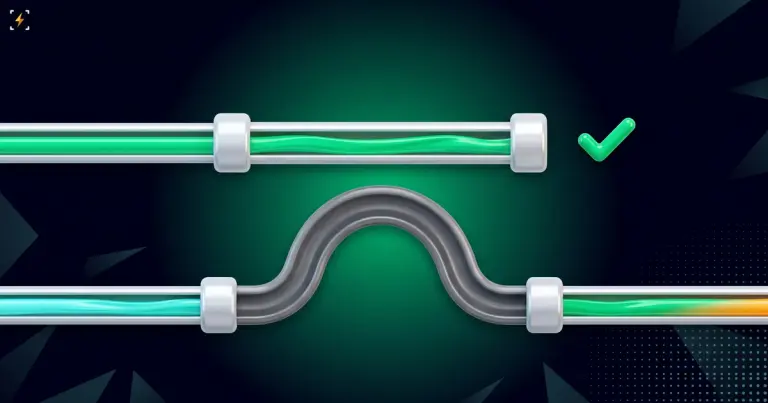Two pipes: a straight one carrying a green stream with a checkmark beside it, and below a pipe with a long empty grey detour looping out and back