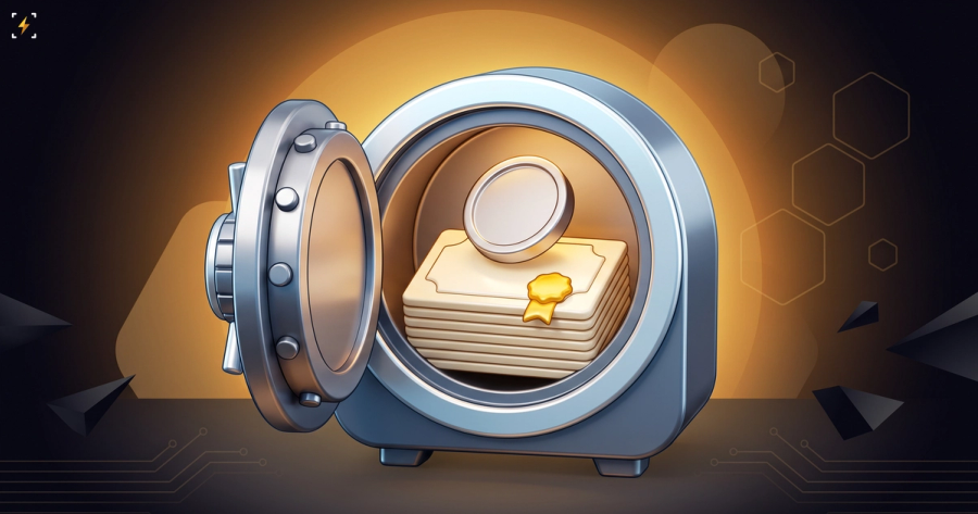 An open bank vault holding a stack of government bond certificates with a gold seal and one blank coin on top
