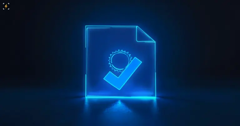 Плоская векторная иллюстрация светящегося синего контура документа с эмблемой печати и крупной галочкой на тёмном фоне — символ формальной поддержки отраслевой группой предложенных федеральных правил