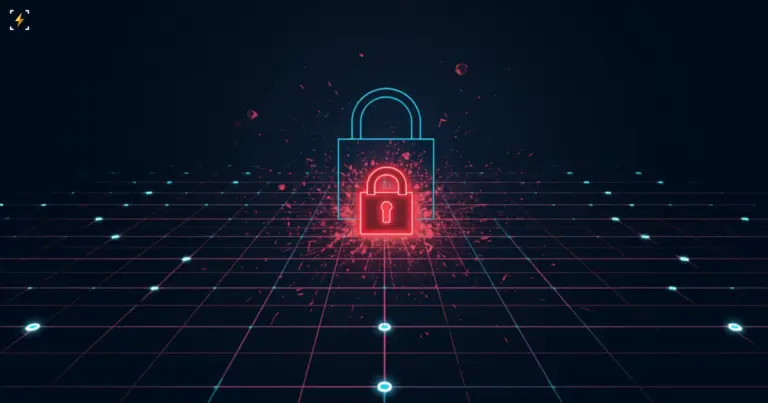 A red padlock breaking apart above a glowing network grid, symbolizing an MCP server security breach