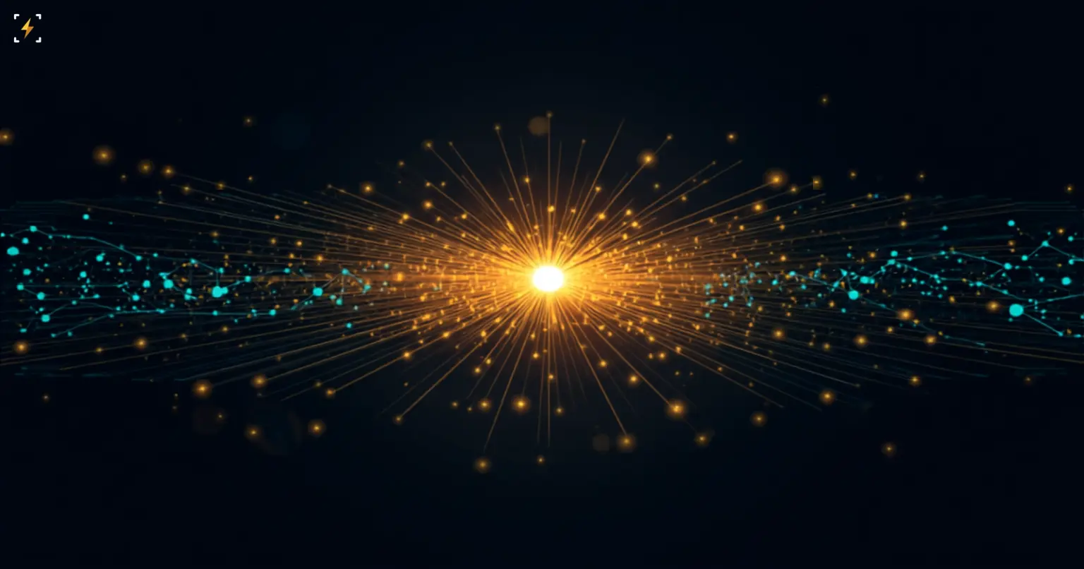 Flat vector illustration of a glowing golden burst at the center radiating outward into a wide network of connected teal and gold nodes on a dark navy background, symbolizing a surge in active blockchain wallet addresses