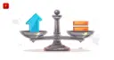 A balance scale with a blue upward arrow on one side and stacked orange blocks on the other, symbolizing the split over the Fed's rate decision