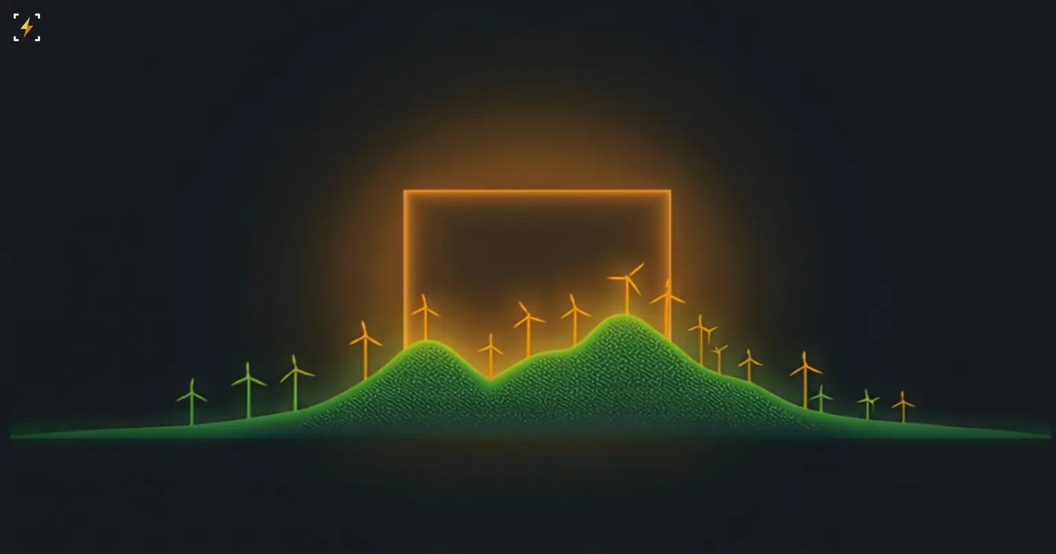 Flat vector illustration of a glowing amber server-rack silhouette rising above a green particle terrain lined with small glowing wind turbines, symbolizing renewable energy powering the growth of AI data centers