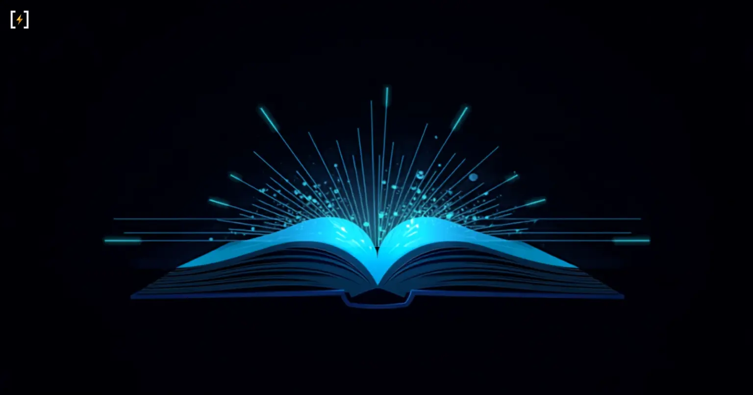 Плоская векторная иллюстрация раскрытой книги, светящейся ярко-голубым, с лучами света и частицами данных, вырывающимися со страниц — символ сканирования редких книг для обучения ИИ-моделей Nova от Amazon