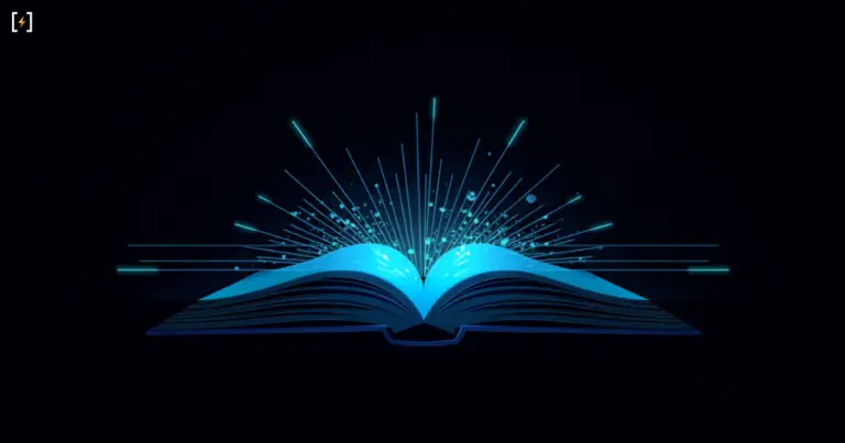 Плоская векторная иллюстрация раскрытой книги, светящейся ярко-голубым, с лучами света и частицами данных, вырывающимися со страниц — символ сканирования редких книг для обучения ИИ-моделей Nova от Amazon
