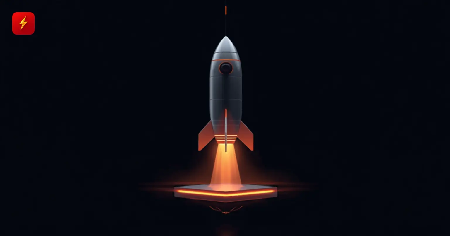 Flat vector illustration of a rocket lifting off a small glowing portable launch platform, tethered by a thin line above, symbolizing Rocket Lab's portable spaceport system and its still-uncertain Neutron rocket readiness