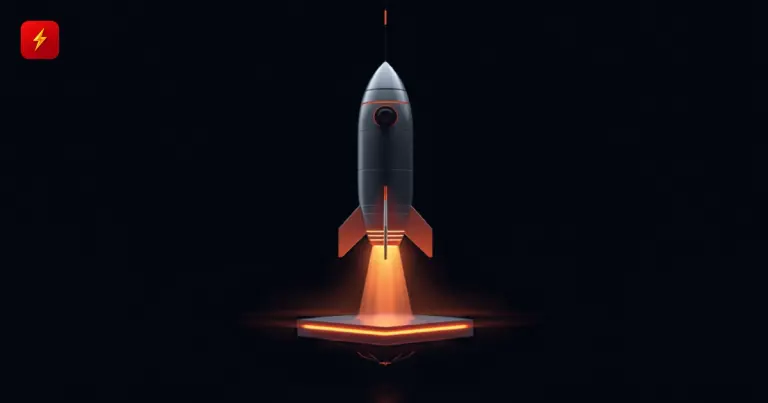Плоская векторная иллюстрация ракеты, взлетающей с небольшой светящейся портативной стартовой платформы — символ портативного космодрома Rocket Lab и всё ещё неопределённой готовности ракеты Neutron