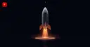 Flat vector illustration of a rocket lifting off a small glowing portable launch platform, tethered by a thin line above, symbolizing Rocket Lab's portable spaceport system and its still-uncertain Neutron rocket readiness
