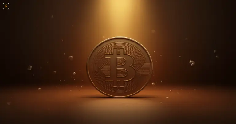 Матовая бронзовая монета биткоина на ребре в тёплом золотом свете — биткоин-резерв Сальвадора