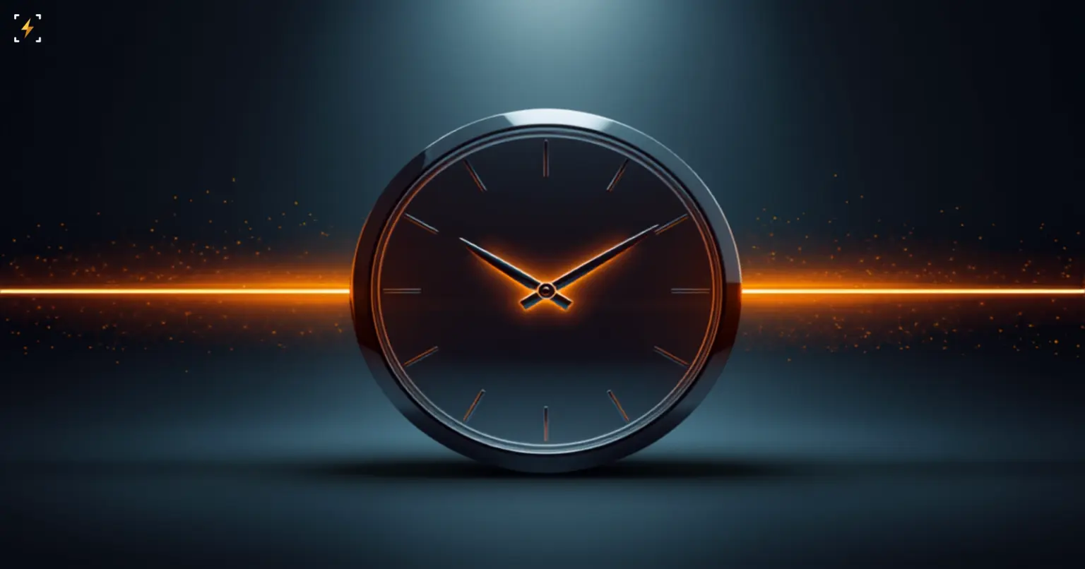 Illustration of a large chrome clock on a dark steel blue background with an unbroken glowing amber ribbon passing straight through it, illustrating round-the-clock dollar settlement between a bank and a crypto exchange