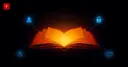 A glowing open book radiating light with four connected idea icons around it, symbolizing four takeaways from a lengthy AI essay