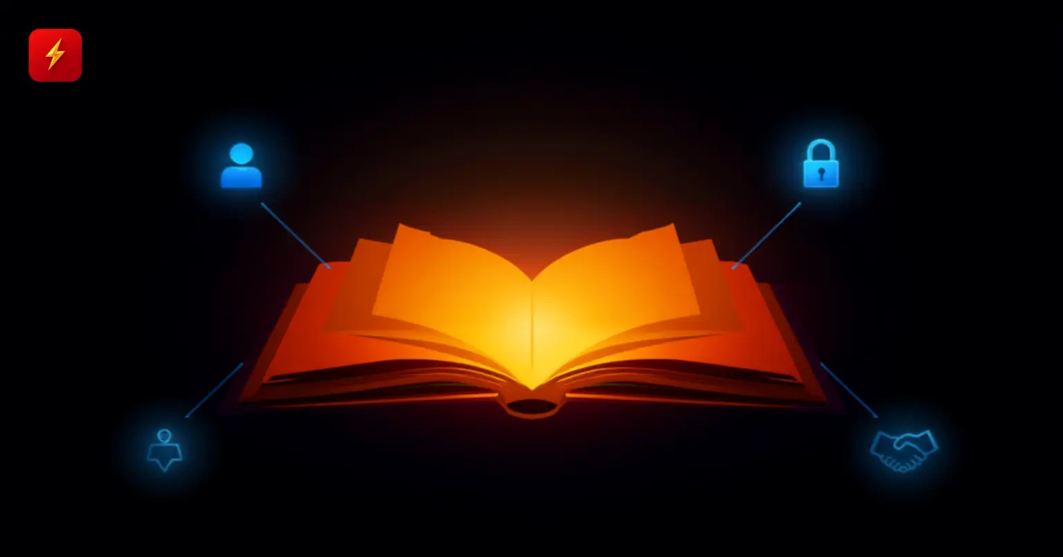 Светящаяся раскрытая книга с четырьмя связанными иконками-идеями вокруг — символ четырёх тезисов из объёмного эссе об ИИ
