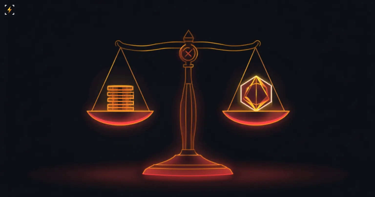 A glowing balance scale weighing a coin stack against a token shape in perfect equilibrium, symbolizing full 1:1 stablecoin reserves