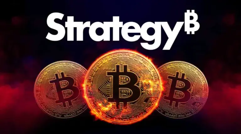Биткоин-монета, растущая из здания корпорации — обложка статьи о Strategy и Майкле Сэйлоре