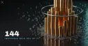 A steel ring encircling a cluster of tall brass columns while tiny glass cubes lie scattered outside