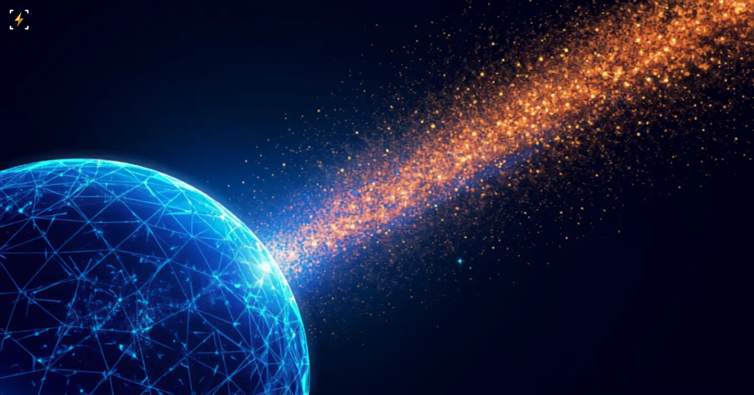 Flat vector illustration of a large glowing blue geometric satellite sphere with a wide trail of scattered glowing amber metallic particles streaming off it into deep space, symbolizing valuable materials lost from orbital AI satellites