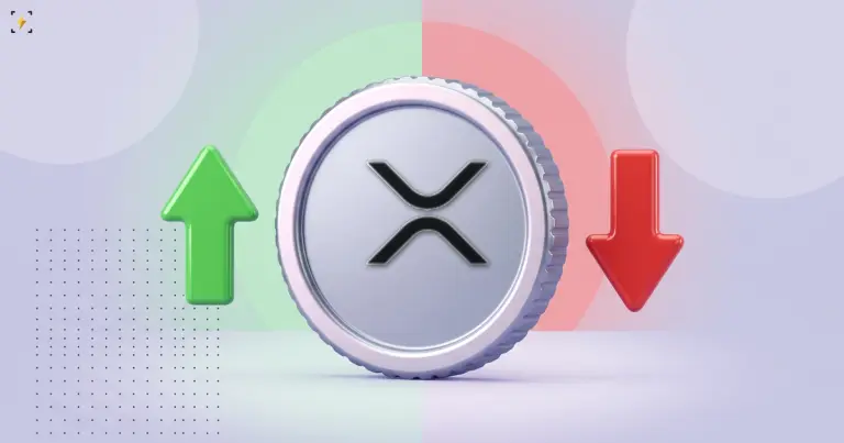 Монета XRP между зелёной стрелкой вверх и красной вниз, кадр разделён надвое зелёным и красным
