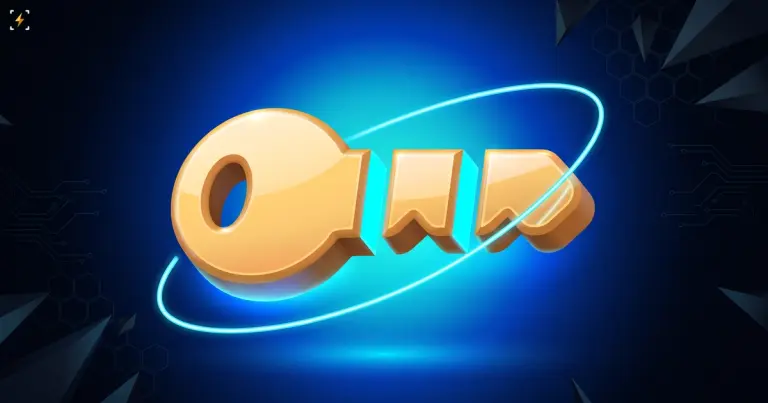 A gold key cut into three floating segments inside a glowing cyan orbit ring
