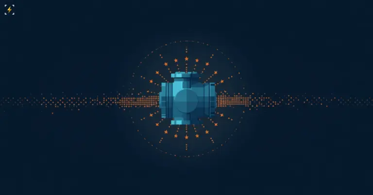 A glowing valve ringed by small stars narrowing a stream of chip particles, representing the EU using ASML as a chokepoint on the global AI race
