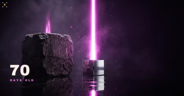 A big weathered stone block with a faint magenta flame beside a small chrome cube throwing a tall bright beam of light