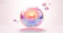 Illustration of a large iridescent soap bubble on a light background with a glowing amber growth block inside it and smaller bubbles drifting around, illustrating the AI bubble debate in late 2026