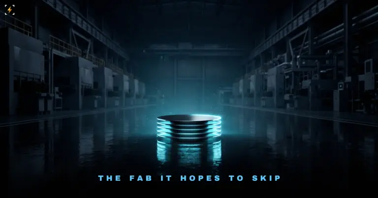 A small glowing stack of polished silicon wafers on a wet floor, dwarfed by the dim empty machine bays of a vast fab hall