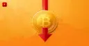 A gold bitcoin coin with a red downward arrow, symbolizing the price drop