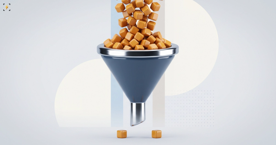 Crowd of amber cubes pouring into a funnel with only two coming out of the spout
