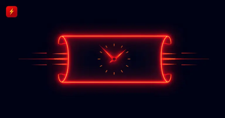 A glowing red bond certificate scroll with a clock face at its center and speed streaks radiating outward, symbolizing near-instant settlement of a financial document