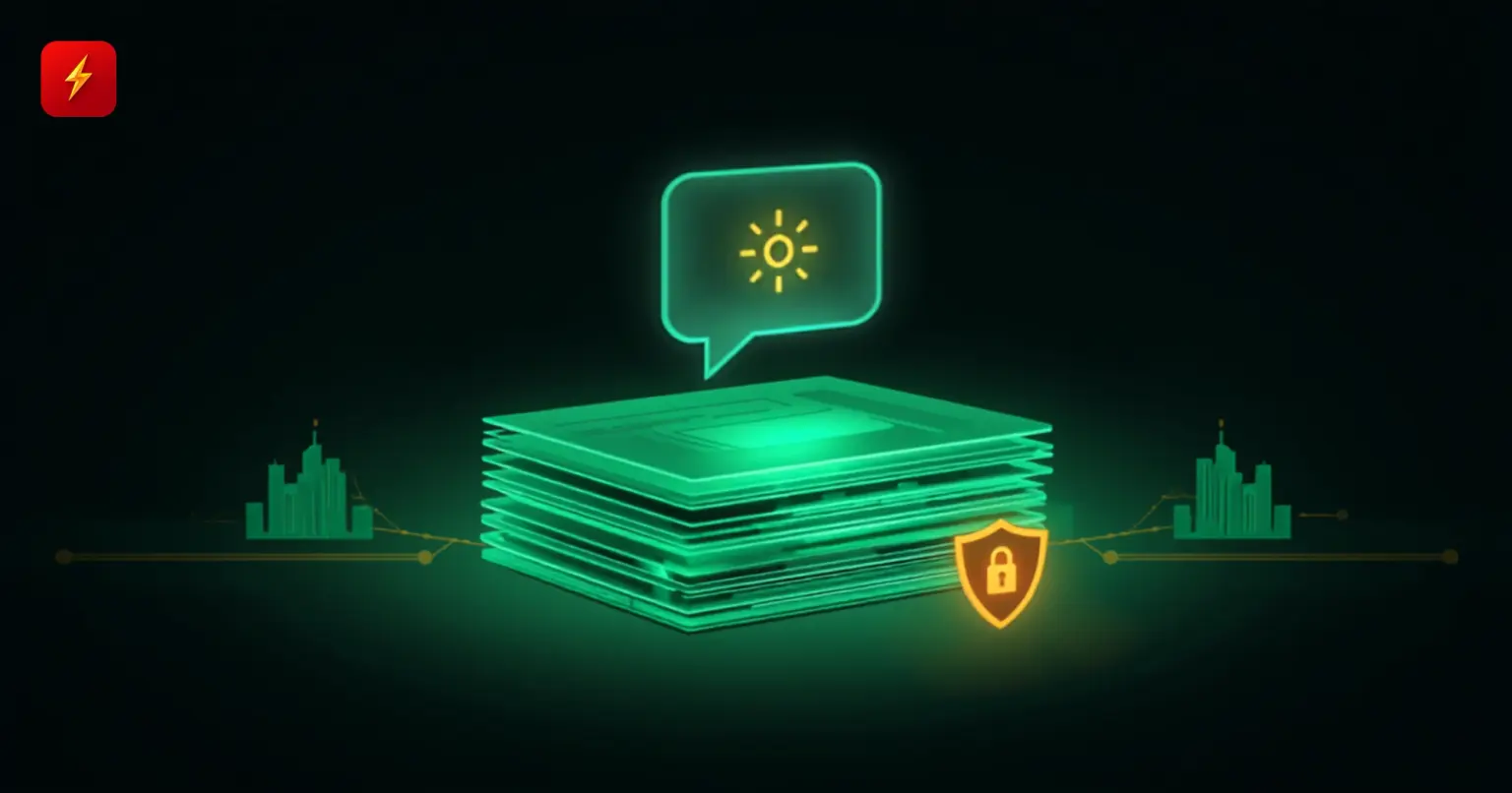 A glowing stack of documents with a chat-assistant icon and a data-protection shield between office building silhouettes — cover for the HSP GRUPPE ChatGPT Enterprise news