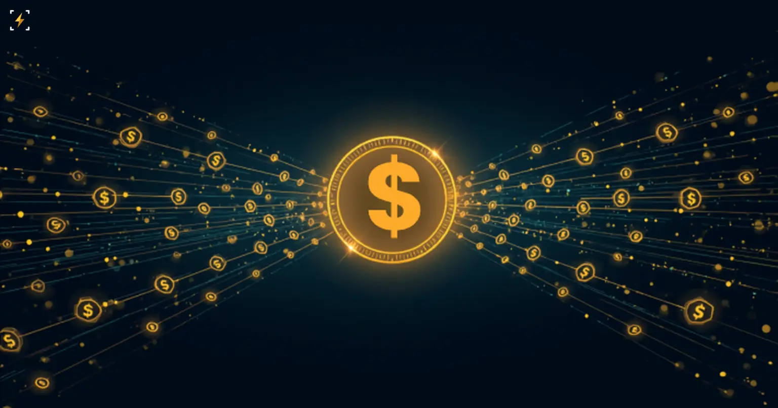 A glowing dollar-stamped coin at the center of two streams of smaller coins flowing outward across two network paths