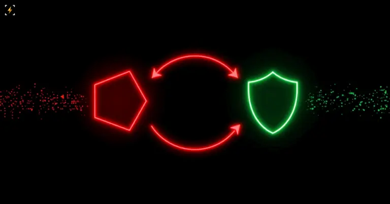 A red geometric shape and a green shield connected by a circular arrow loop, symbolizing AI attacker and defender agents cycling against each other