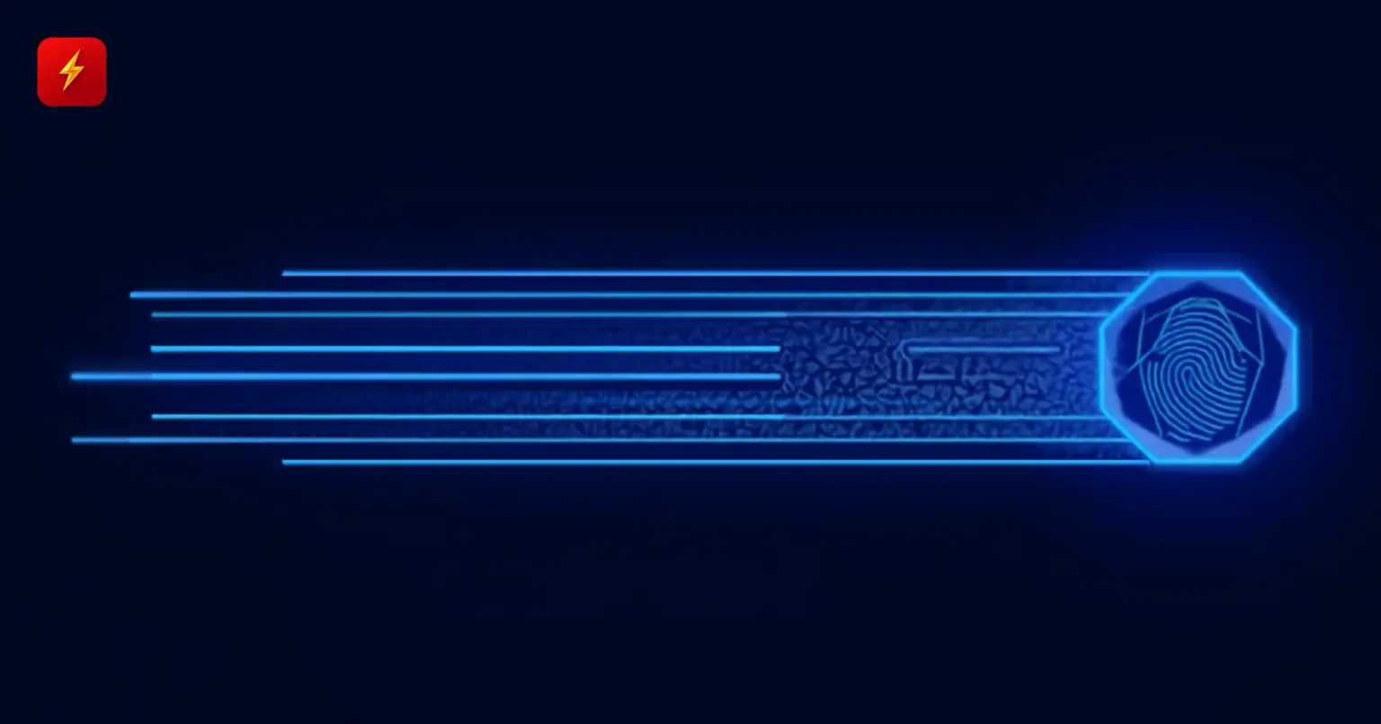 Glowing blue data lines converging into a fingerprint sealed inside a hexagonal badge, symbolizing an invisible digital watermark embedded in AI-generated text