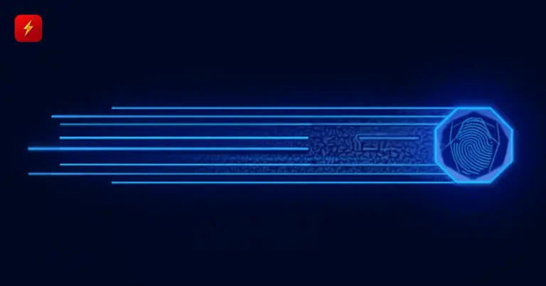 Glowing blue data lines converging into a fingerprint sealed inside a hexagonal badge, symbolizing an invisible digital watermark embedded in AI-generated text