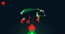 A geometric bear silhouette standing above a glowing green rising bar chart with a red arrow, symbolizing a bearish bet against a stock that keeps climbing