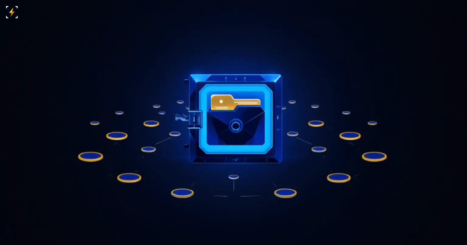 A glowing vault with a key, surrounded by a network of coin discs converging from many directions, symbolizing institutional holders disclosing crypto ETF positions