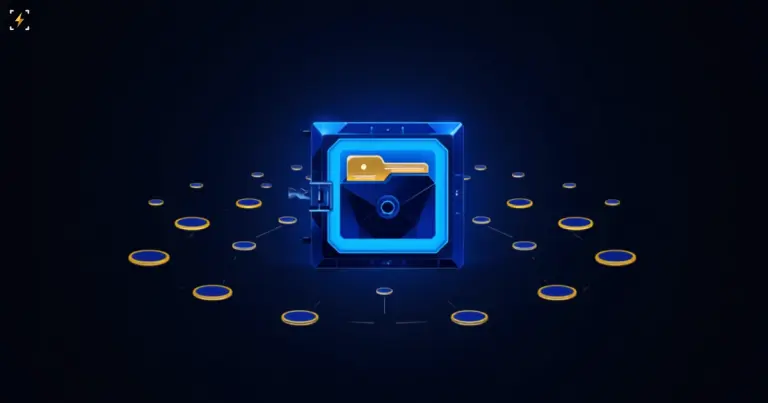 A glowing vault with a key, surrounded by a network of coin discs converging from many directions, symbolizing institutional holders disclosing crypto ETF positions