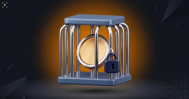 Gold coin locked inside a chrome cage with a closed padlock on the door