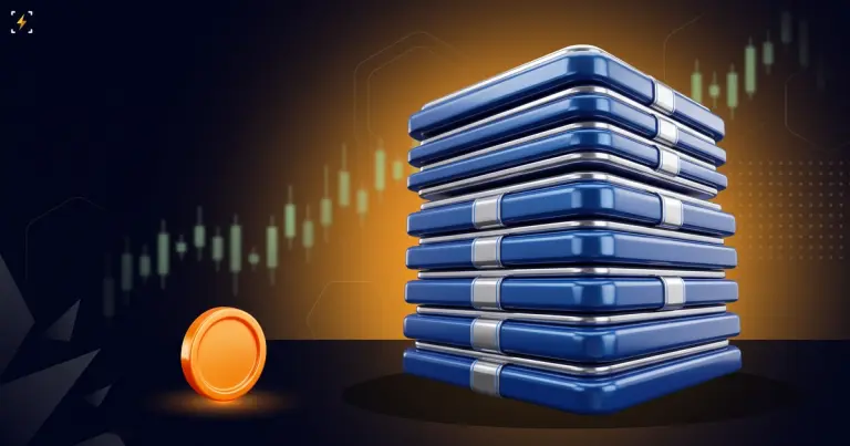 Tall stack of blue certificate plates beside one small orange coin