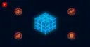 A glowing modular cube surrounded by four icons representing different market types, symbolizing a white-label toolkit for event-contract markets
