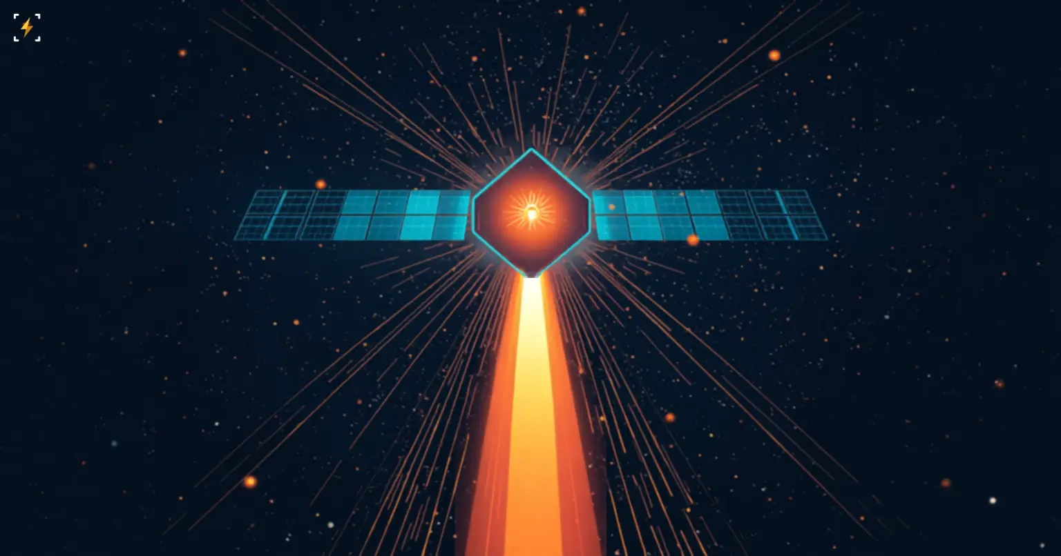Flat vector illustration of a glowing geometric satellite with cyan solar panel wings and a bright amber compute-chip core, radiating light beams against a starfield with a rocket launch trail streaking upward beneath it, symbolizing orbital AI data center infrastructure