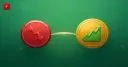 A red falling-chart icon next to a gold coin with a rising green RWA tokenization growth chart