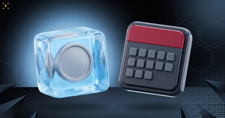Coin frozen inside a block of ice beside a dark desk calendar