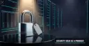 Polished steel padlock with a blank price tag on a mirrored display pedestal in a data centre aisle