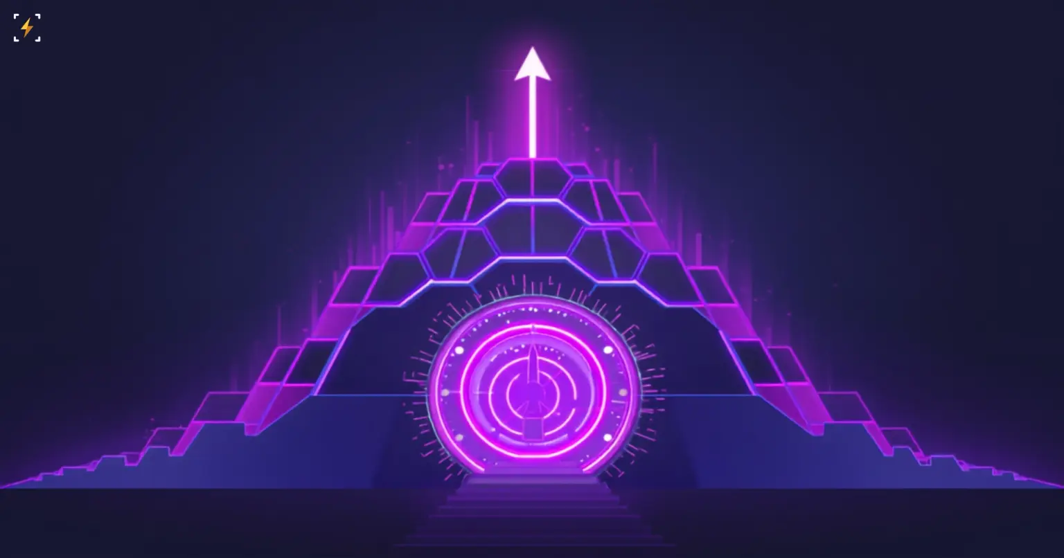 Плоская векторная иллюстрация светящейся фиолетовой пирамиды-хранилища из шестиугольников с яркой восходящей стрелой, вырывающейся из вершины — символ прорыва портфеля Ethereum-казначейской компании на новый максимум