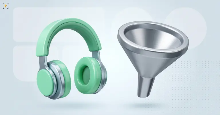 Mint headphones standing beside a wide steel funnel