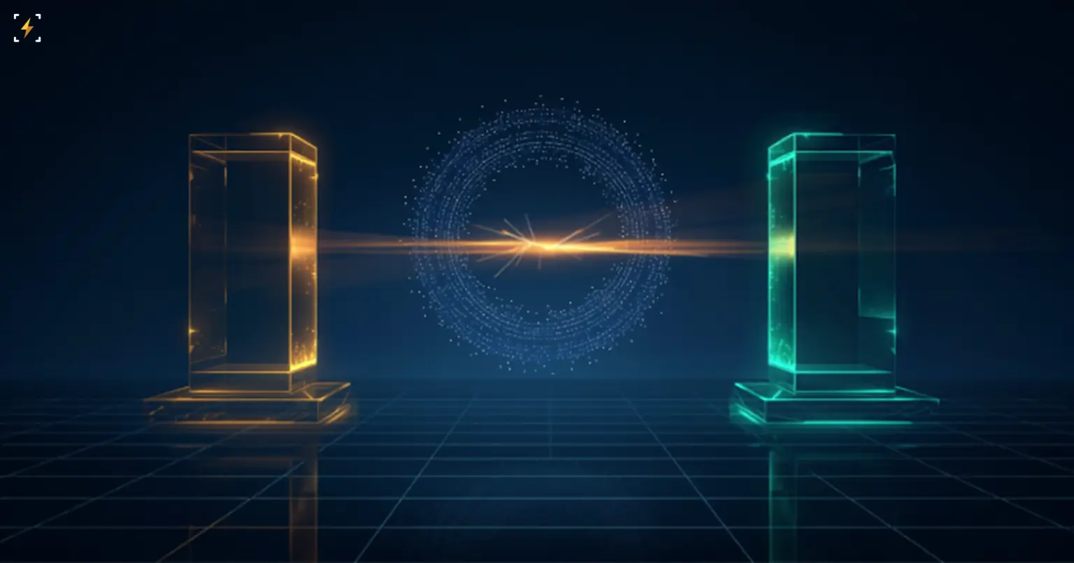 Two glowing glass pillars, one amber and one teal, facing each other across a bursting particle ring, symbolizing two opposing public positions on an AI policy debate